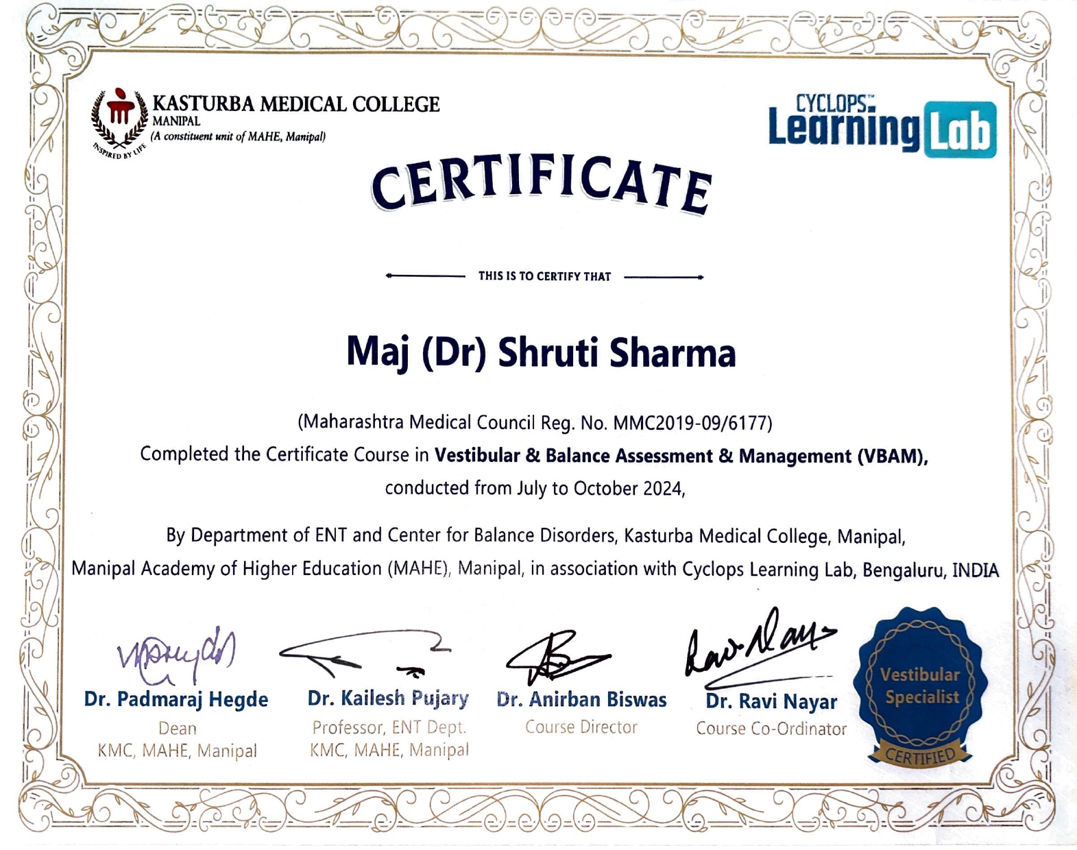 Dr. Shruti Sharma's Vestibular & Balance Assessment & Management Certificate